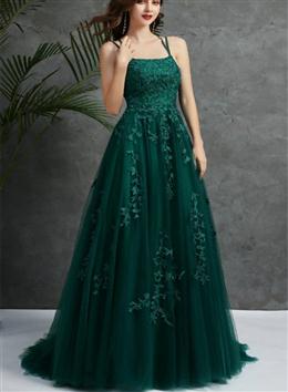 Picture of Dark Green Tulle Lace Applique Cross Back Long Prom Dresses, Green Evening Gown Party Dresses